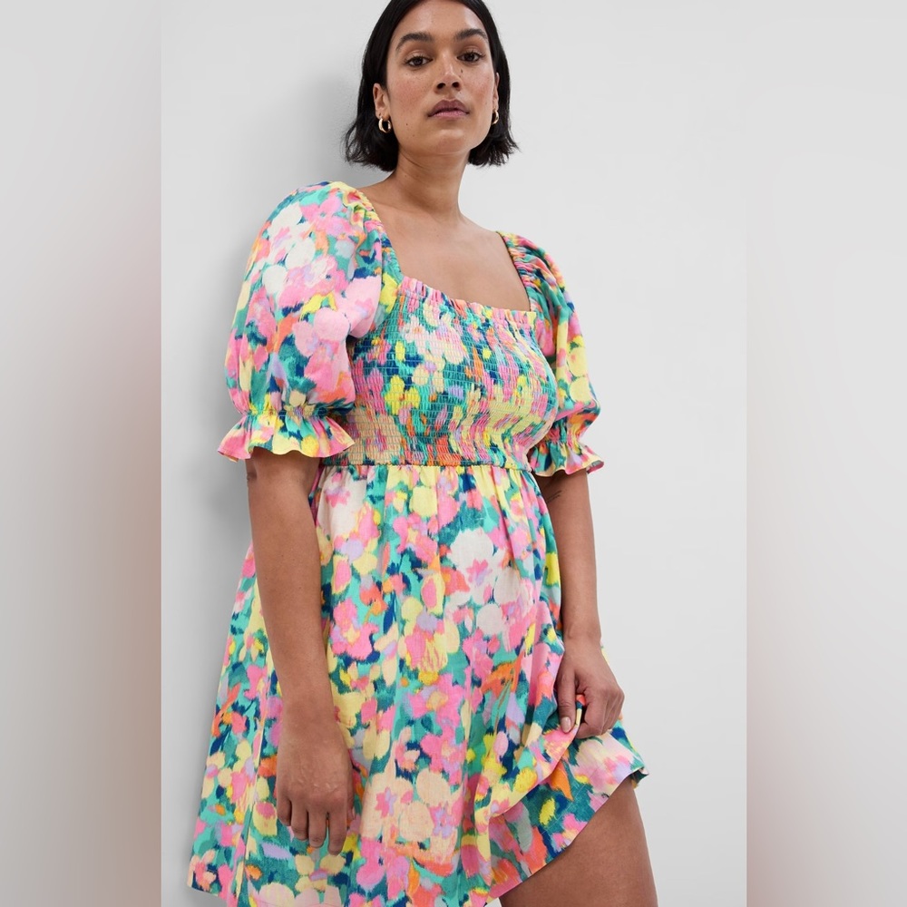 Puff Sleeve Linen-Blend Dress, GAP